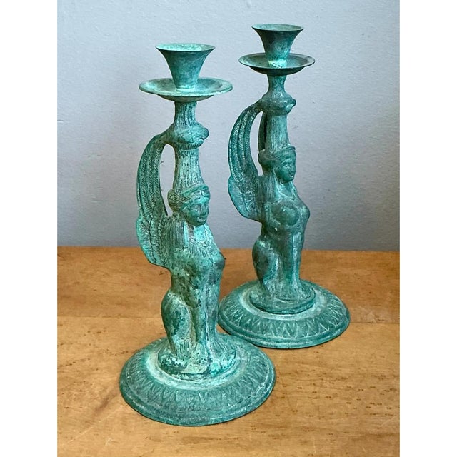 Late 20th Century Vintage Patinated Metal Winged Sphinx Candelabras - Pair For Sale - Image 5 of 12