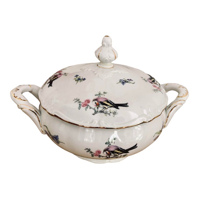1940s Winterling Bavaria Porcelain Covered Vegetable Serving Bowl, With Birds For Sale