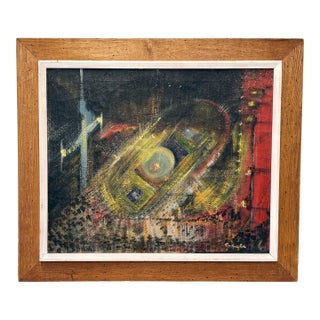 Signed Mid-Century Modern American Abstract Oil Painting Wormy Chestnut Frame For Sale