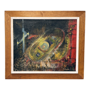 Signed Mid-Century Modern American Abstract Oil Painting Wormy Chestnut Frame
