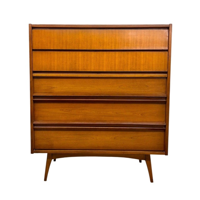 Vintage Mid-Century Modern 4-Piece Bedroom Set - 9-Drawer Lowboy Dresser, Tall Highboy Dresser & Pair of Nightstands For Sale - Image 11 of 12