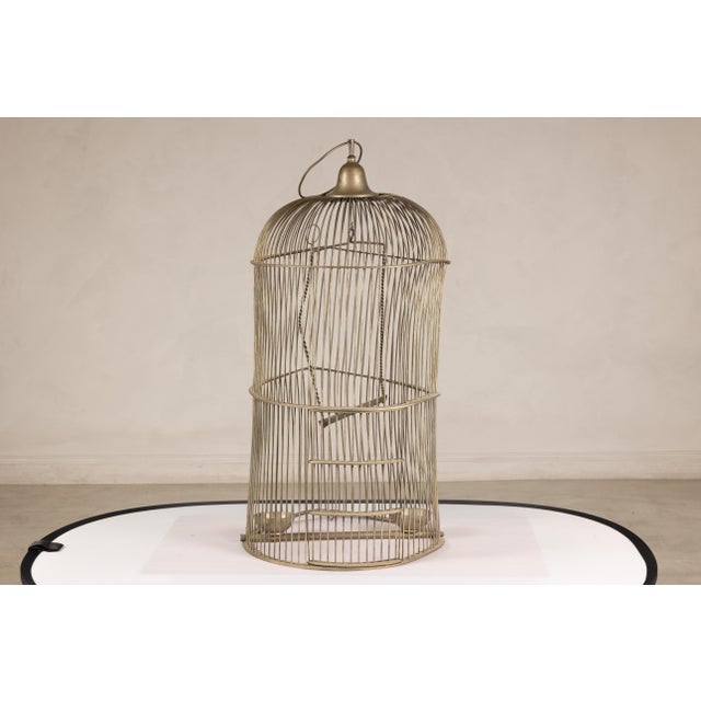 Metal Antique Indian Brass Bird Cage with Domed Top and Original Perches For Sale - Image 7 of 14