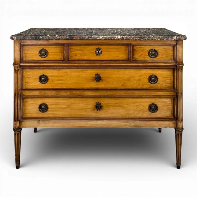 Louis XVI Chest of Drawers in Cherry Wood and Pyrenees Marble For Sale