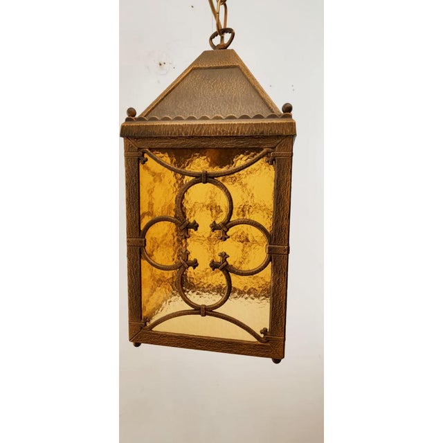 Brass Lantern Hanging Light in Amber Glass For Sale - Image 5 of 14