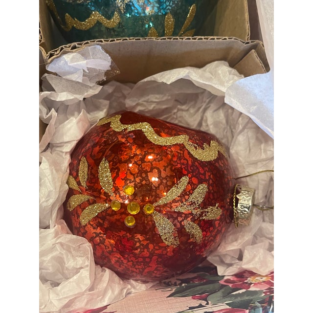 Shabby Chic 1960s Pair Large Christmas Ornaments Balls With Indentations For Sale - Image 3 of 6