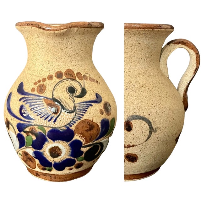 Beautiful vintage Tonalá ceramic pitcher. Made in Mexico, this handcrafted piece features textured stoneware with hand-...