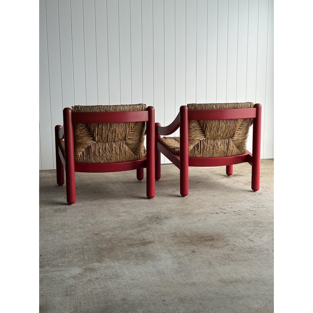 Pair of Vintage Red Lacquered Rush Lounge Chairs, Attributed to Vico Magistretti For Sale - Image 10 of 18