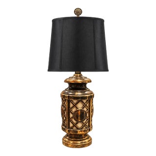 Mid 20th Century Chinoiserie Lighted Ceramic Table Lamp With Black Shantung Shade For Sale