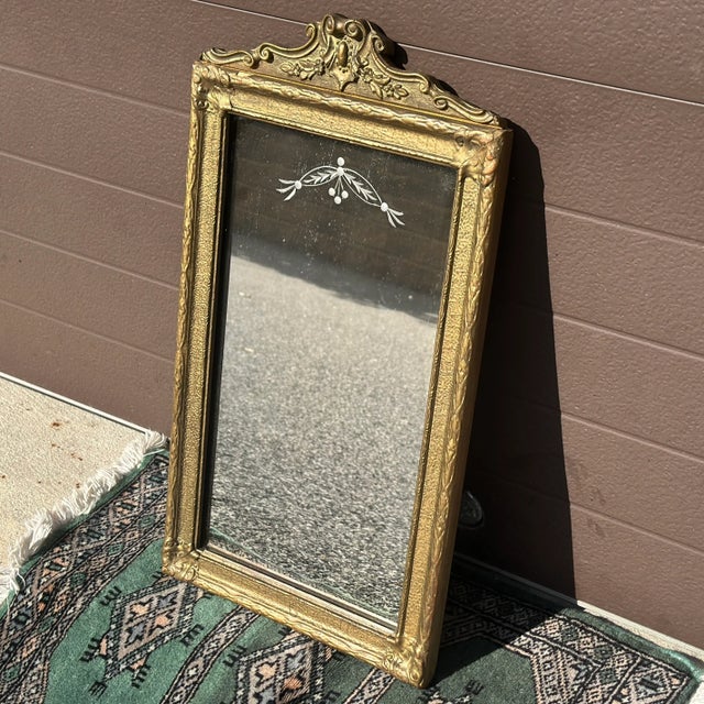 Bronze Petite Antique Rococo Etched Wall Mirror For Sale - Image 8 of 9