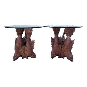 A Pair of Substantial Hand Carved Large Teak Koi Fish Sculpture Side Tables