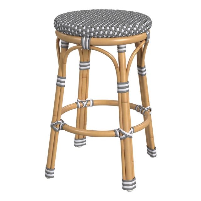 Tobias 24.5 in. Seat Height Outdoor Rattan and Metal Backless Counter Stool, Gray/White Dot / Natural Rattan Frame For Sale
