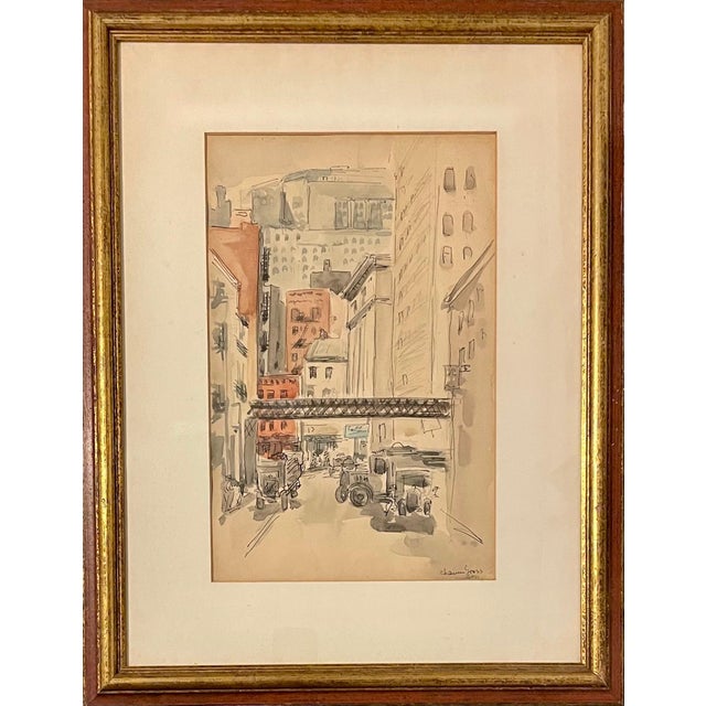 American Chaim Gross, Rare Chaim Gross Watercolor Painting Manhattan Skyscrapers Train NYC WPA Artist, c.1920s For Sale - Image 3 of 5