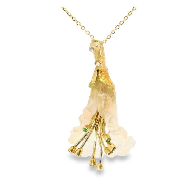 18K Yellow Gold Diamond Emerald Floral Pendant Necklace Slide. This exquisite estate piece features a delicate floral...