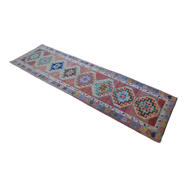 Hand-Knotted Kurdish Runner Rug . Tribal Colorful Runner Rug - 3′3″ × 11′4″ For Sale