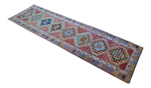 Hand-Knotted Kurdish Runner Rug . Tribal Colorful Runner Rug - 3′3″ × 11′4″