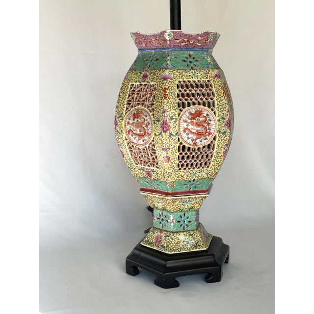 Antique Chinese Famille Rose Porcelain Imperial Dragon Wedding Lantern Lamp For Sale - Image 4 of 10