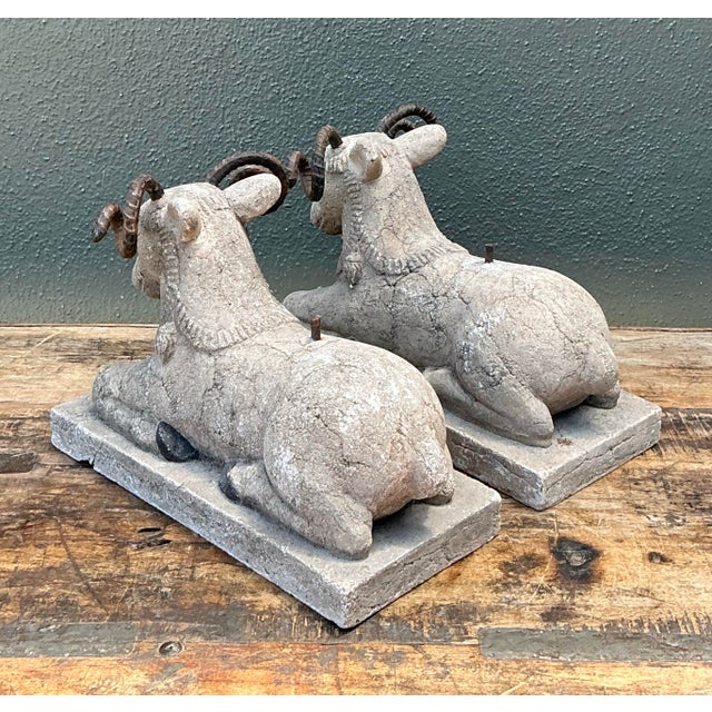 Oyster Gray Vintage Plaster and Metal Ram Sculptures - Pair For Sale - Image 8 of 12