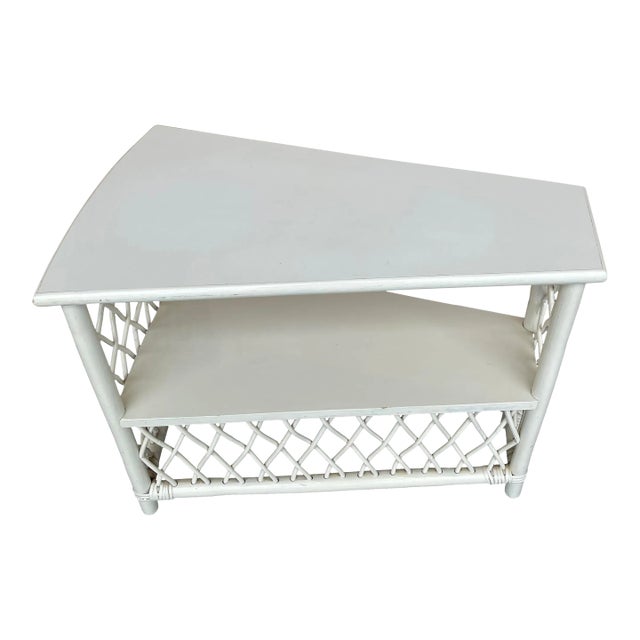 1950’s Henry Olko for Willow & Reed White Lattice Rattan Triangular Corner Table For Sale