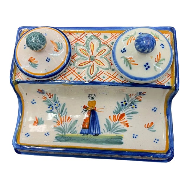 Early 20th Century French Henriot Quimper Inkwell For Sale