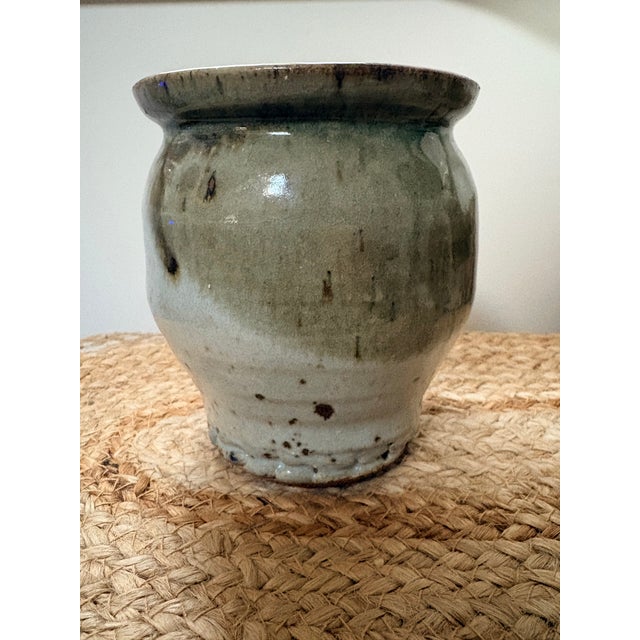 Vintage Art Christensen Signed Studio Art Pottery Utensil Crock - Earthy Celadon & Iron Brushwork For Sale In Dallas - Image 6 of 10