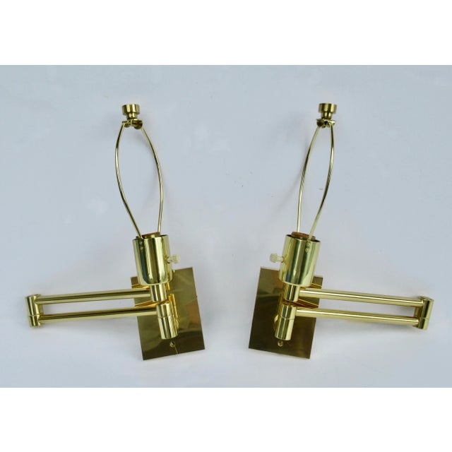 Mid-Century Modern C.1970's Post Modern Georg Hansen (Deign) for Hansen Lighting Ny -Polished Brass Double-Swing Arm Wall Sconces by Metalarte of Spain For Sale - Image 3 of 12