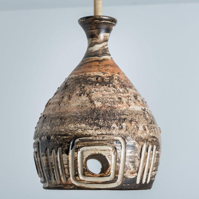 Brown Beige Ceramic Pendant Light, Denmark, 1970s For Sale - Image 4 of 14