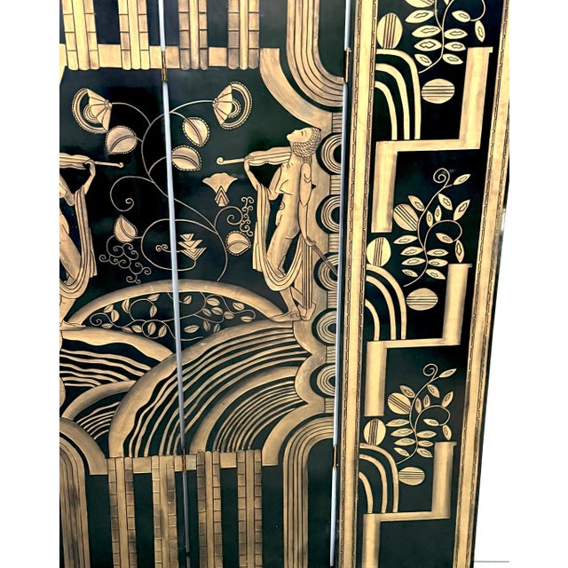 Wood Art Deco 4-Panel Black Lacquer & Gilt Screen, Attributed to Paul Fehér, 20th C. For Sale - Image 7 of 14