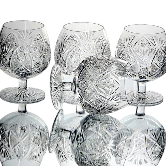 Stunningly gorgeous, these elegant snifters are cut glass with an intricate cross hatched motif similar to the ""...