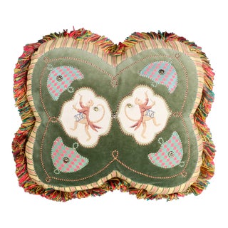 Velvet & Needlepoint Drum Monkey Accent Pillow For Sale