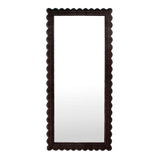 Flora 32 in. W x 69.5 in. H Rectangular Scalloped Rattan Floor Mirror, Chocolate For Sale