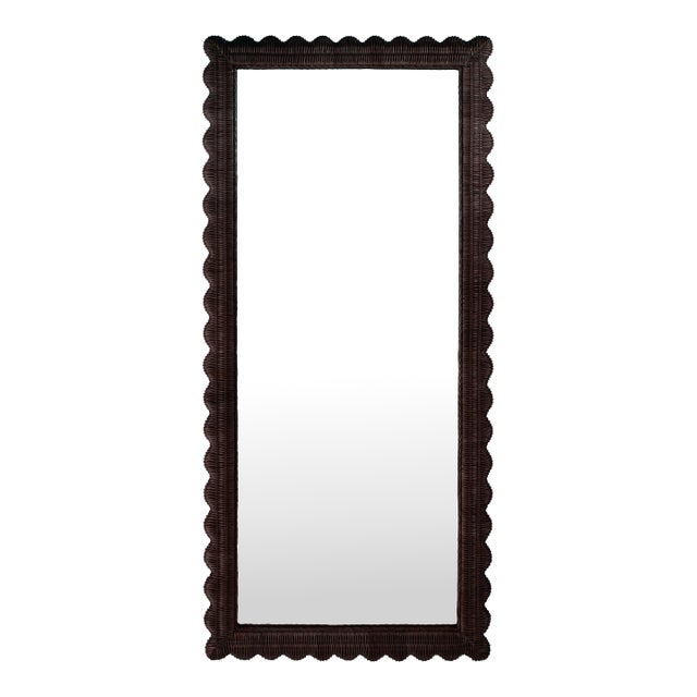 Flora 32 in. W x 69.5 in. H Rectangular Scalloped Rattan Floor Mirror, Chocolate For Sale