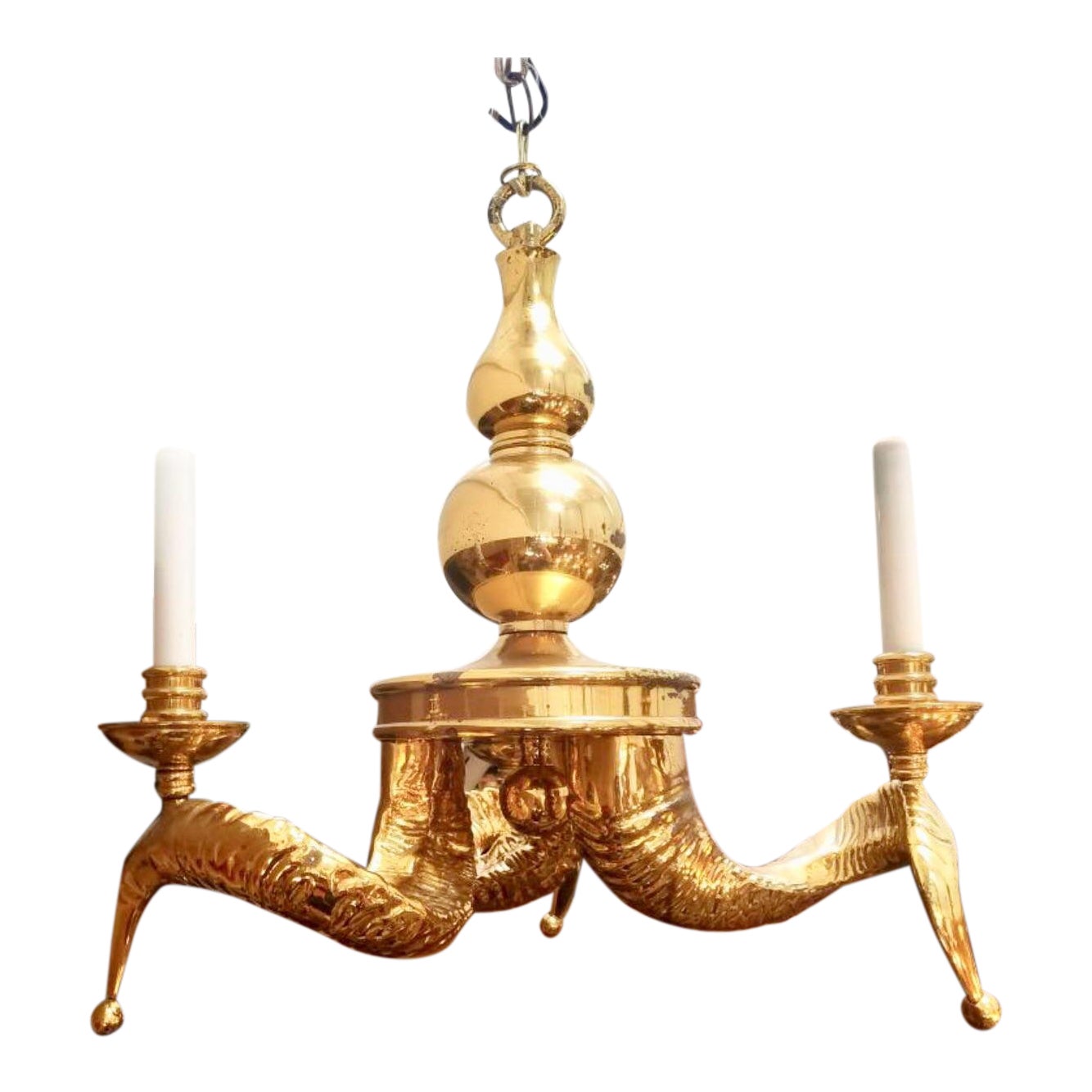 1970s Folk Art Brass Three Arm Ram Horn Chandelier Chairish