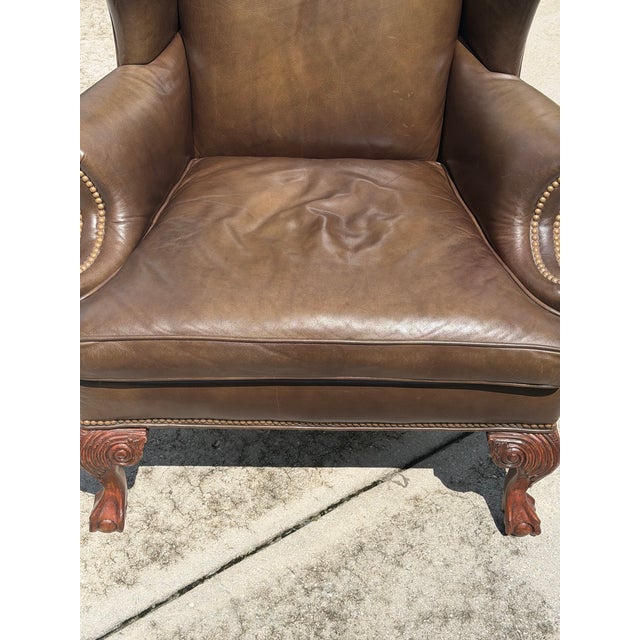 Vintage Ethan Allen Leather Wingback Armchair With Carved Claw Feet For Sale - Image 10 of 12