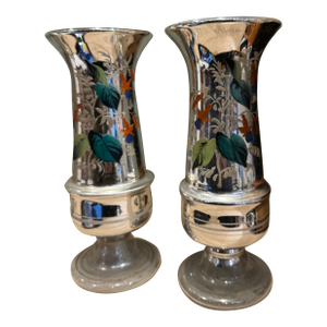 19th Century Antique Mercury Glass Hand Painted Vases