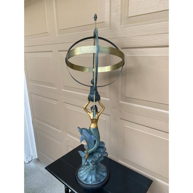Modern Vintage Coastal Mermaid & Dolphin Armillary Sundial, Palm Beach Garden Decor For Sale - Image 3 of 15