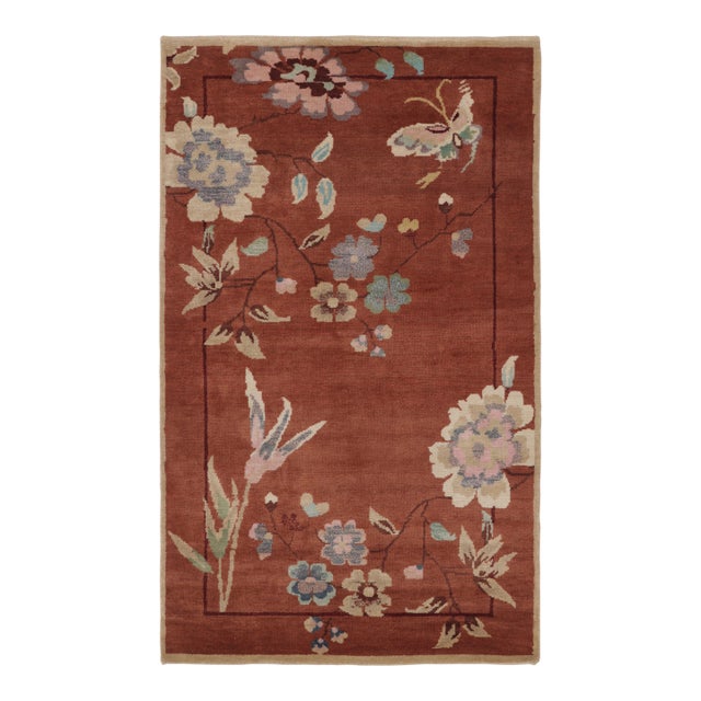 Rug & Kilim’s Chinese Art Deco Inspired Rug, Rust With Florals and Figurals For Sale