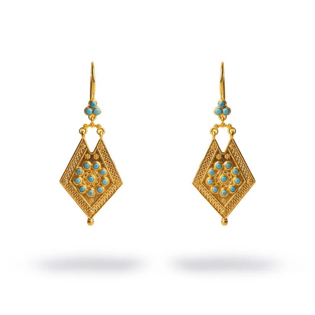 Vintage Style Gold & Turquoise Design Dangle Earrings, A Pair For Sale - Image 9 of 9