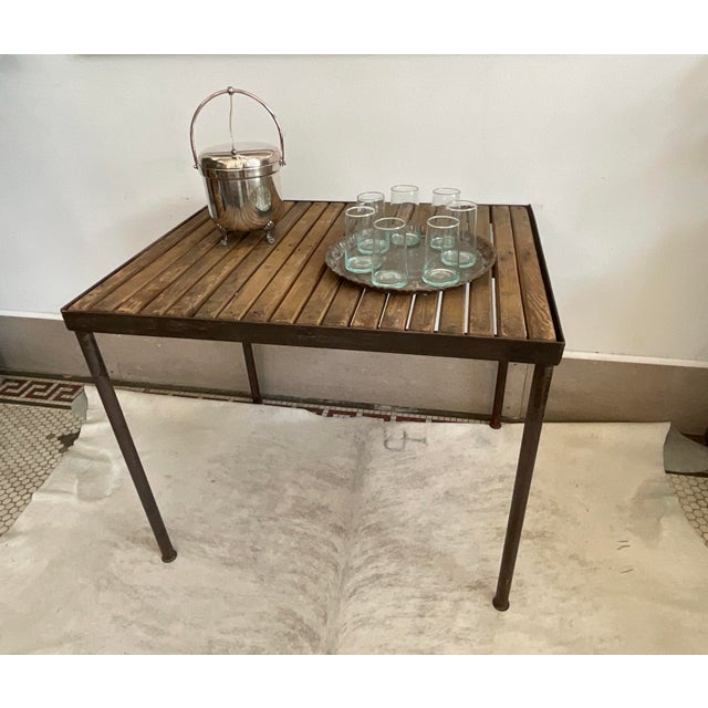 Vintage Industrial Metal Accent Table With Slatted Wooden Top For Sale - Image 13 of 14