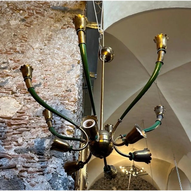 Metal 1960s Mid-Century Modern Green Painted Metal and Brass Italian Chandelier For Sale - Image 7 of 9