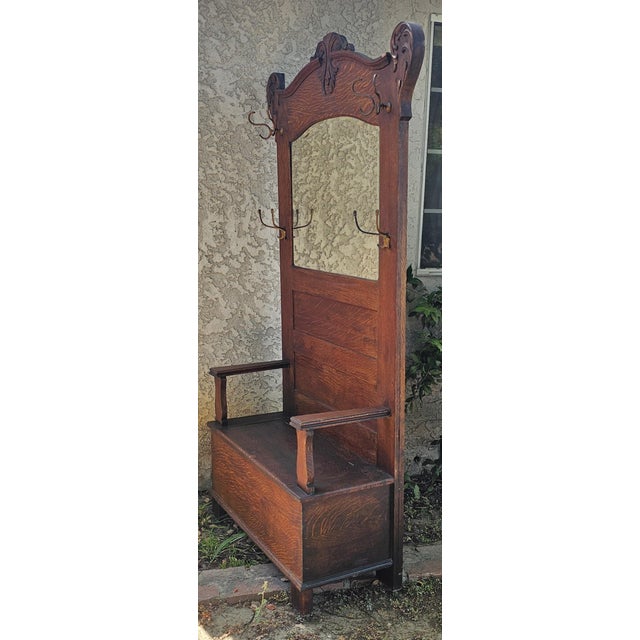 Antique American Quarter Sawn Tiger Oak Hall Tree With Beveled Mirror & Storage Bench For Sale - Image 4 of 18