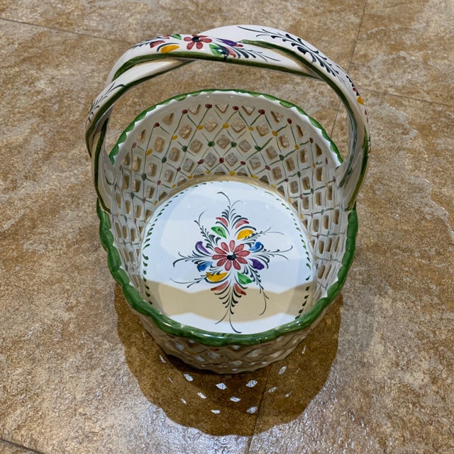 Shabby Chic Vintage Ceramic Braided Floral Painted Basket For Sale - Image 3 of 10