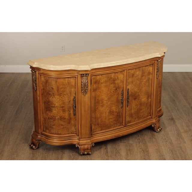 High Quality American Made Carved Server With Marble Top. Dovetailed Drawer, Interior Adjustable Shelves And Burlwood Doors