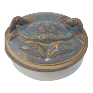 Vintage Studio Art Pottery Stoneware Seafoam Blue Dungeness Crab Signed Jeff Tinius Storm Lake Pottery Casserole Covered Dish