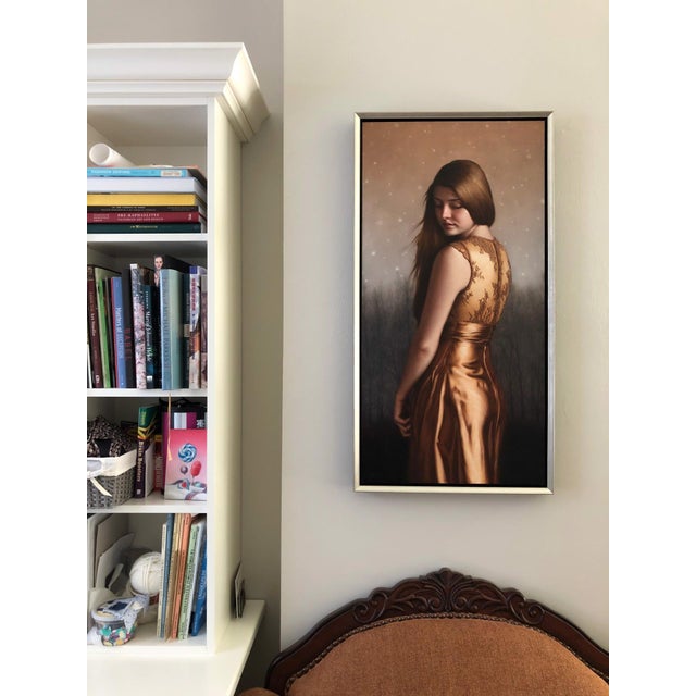 Brown Twilight by Beth Sistrunk | Oil on panel Portrait of a woman in a golden dress with a serene expression. For Sale - Image 8 of 10