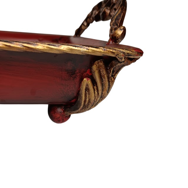 Large Metal Serving Tray Cranberry Red and Gold Leaf Vine Design Ornate Handles For Sale - Image 11 of 18