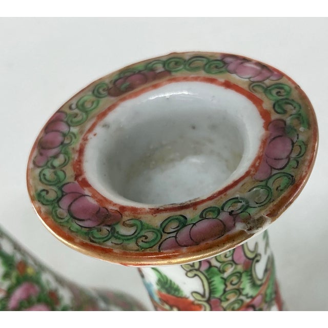Ceramic Pair of Antique Chinese Rose Medallion Porcelain Candlesticks For Sale - Image 7 of 12