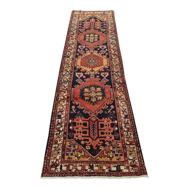 Karajeh Runner 3’3” X 10’9” Blue Wool Semi-Antique Tribal Hand-Knotted Rug For Sale