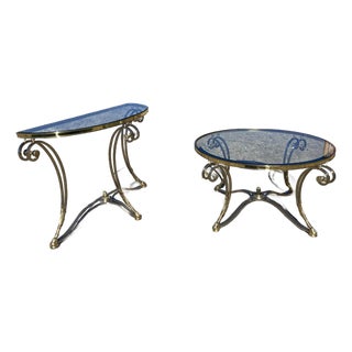 Vintage LaBarge Steel & Brass Hollywood Regency Maison Jansen Style Demi-Lune Table and Coffee Table Set of 2 For Sale