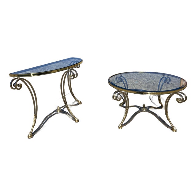 Vintage LaBarge Steel & Brass Hollywood Regency Maison Jansen Style Demi-Lune Table and Coffee Table Set of 2 For Sale