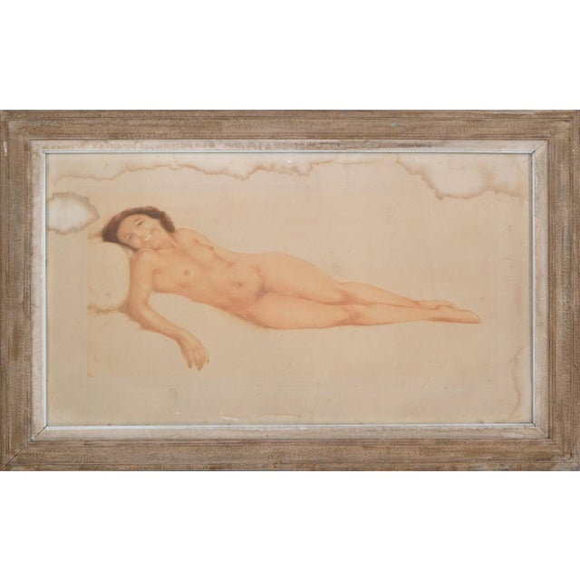 Signed by Artist French Midcentury Framed Glass Oil Painting Resting Nude Woman For Sale - Image 13 of 13